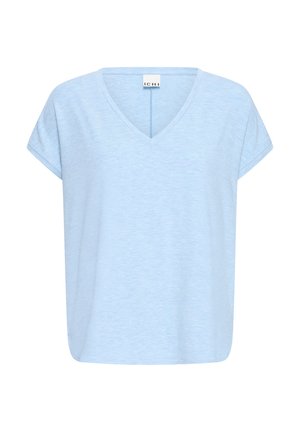 Lyseblå kortærmet V-hals T-shirt med afslappet pasform og et lille mærke ved halsudskæringen.