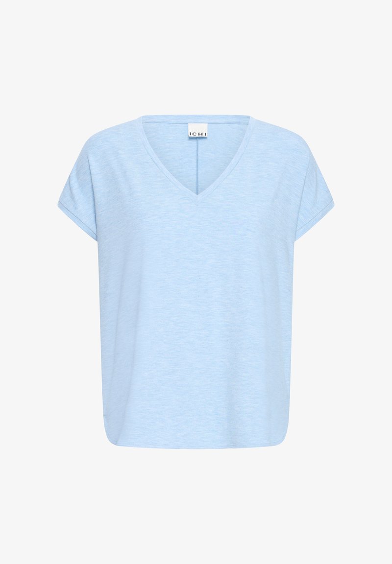 Lyseblå kortærmet V-hals T-shirt med afslappet pasform og et lille mærke ved halsudskæringen.