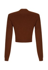 Pull court marron à manches longues avec un col rond, poignets et ourlet côtelés, montré de dos sur un fond blanc.