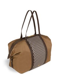 Brown fabric bag with woven geometric pattern in the center, zip closure, and two brown shoulder straps. Textured exterior detail.