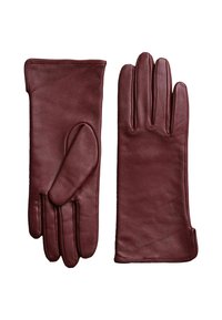 Burgundy leather gloves with a smooth texture, featuring a five-finger design and a sleek cuff. No visible hardware or patterns.