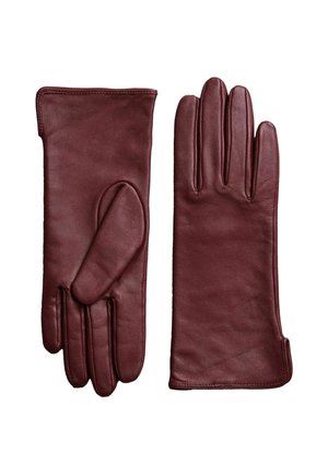 Burgundské kožené rukavice s hladkým povrchem, pětizprstý design a elegantním manžetou. Bez viditelného kovového příslušenství nebo vzorů.