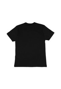 Schwarzes Baumwoll-T-Shirt, kurze Ärmel, Rundhalsausschnitt, schlichtes Design, weiche Textur, keine sichtbaren Muster oder Akzente, von hinten betrachtet.