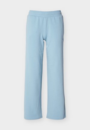 Pantalon de survêtement bleu clair avec taille élastique et jambes droites, fabriqué en tissu doux, présenté sur un fond blanc uni.