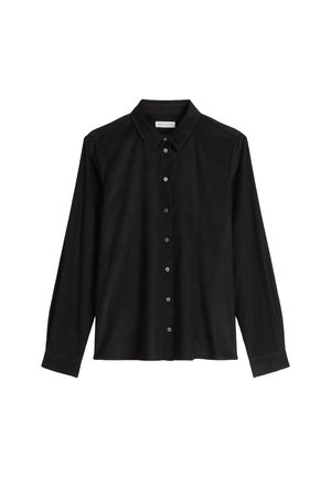 Black long-sleeve button-up shirt with collar, featuring a row of buttons down the front and a straight hem.