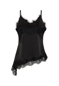 Camisole en satin noir à fines bretelles, bordure en dentelle fleurie le long de l'encolure, de la poitrine, de l'ourlet et d'un bord inférieur asymétrique.