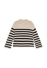 Pulover u bež boji s crnim horizontalnim prugama. Ima visoki ovratnik i duge rukave. Mekana tekstura, ležeran kroj.