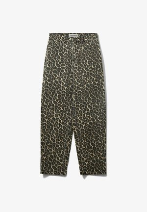 Leopard print denim trousers featuring a high waist, straight leg design, and five-pocket style with metal button closure.