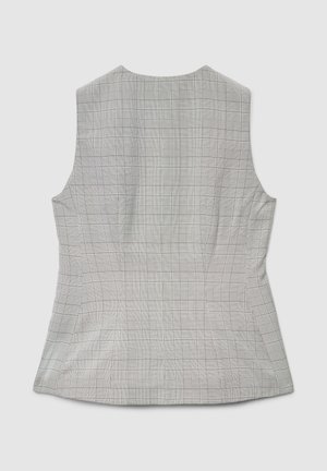 Haut gris sans manches au design structuré, présentant un motif à carreaux subtil et une coupe ajustée. Texture lisse sans pièces métalliques visibles.