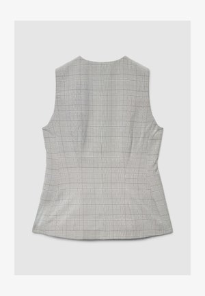 Top grigio senza maniche con un design strutturato, caratterizzato da un sottile motivo a quadri e una forma sagomata. Texture liscia senza elementi metallici visibili.