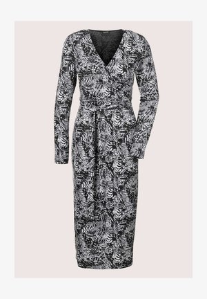 Langärmliges Wickelkleid in Schwarz und Weiß, mit Zebra- und abstraktem Muster, aus einem leichten, glatten Stoff mit einem gebundenen Taillengürtel.