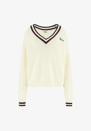 Creme strikket sweater med V-hals, maroon og mørkegrønne striber på krave og manchetter samt "Guess" logo broderet på brystet.