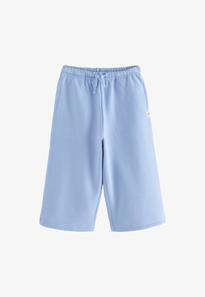 Pantaloni corti in cotone azzurro chiaro con cintura elastica, lacci e due tasche laterali. Presentano un piccolo etichetta sul lato sinistro.