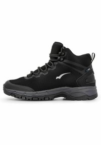 Svarta vandringskängor med överdel i mesh, gummisula och texturerade detaljer. Har snörningssystem och en vattentålig logotyp på sidan.