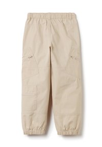 Beige cargobroek met een elastische tailleband, ritssluitingen aan de zijkanten en gathered manchetten. Gemaakt van lichtgewicht, soepele stof.