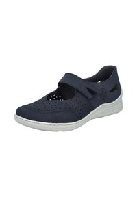 Navyblaue durchlüftete Schuhe mit einem Klettverschluss, ausgestattet mit einer weißen Sohle und abgerundeten Kanten. Seitliches Logodetail, aus Textil- und synthetischen Materialien gefertigt.