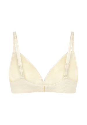 Light cream wireless bra with a soft, textured fabric, lace trim, V-neck design, and adjustable straps. Features a clasp closure at the back.