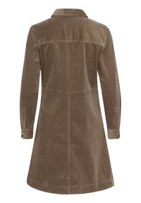 Manteau en velours côtelé marron à manches longues avec col, poignets boutonnés et détails de coutures, vu de dos.