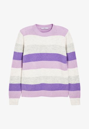 Lila und grau gestreifter Pullover aus weicher Wolle. Verfügt über einen runden Halsausschnitt und gerippte Bündchen. Leichte und strukturiert wirkende Erscheinung mit variierenden Streifenbreiten.