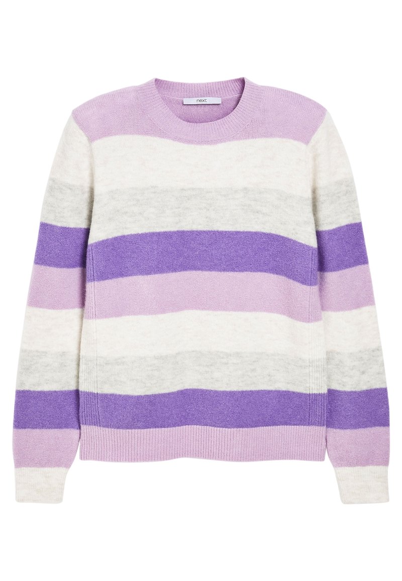 Maglione a righe viola e grigio fatto di morbida lana. Presenta un collo rotondo e polsini a coste. Aspetto leggero e strutturato con diverse larghezze delle righe.