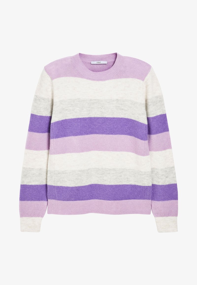 Maglione a righe viola e grigio fatto di morbida lana. Presenta un collo rotondo e polsini a coste. Aspetto leggero e strutturato con diverse larghezze delle righe.