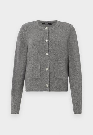 Gray knitted cardigan with long sleeves, round neckline, five button closure, two front pockets, and ribbed hem and cuffs.