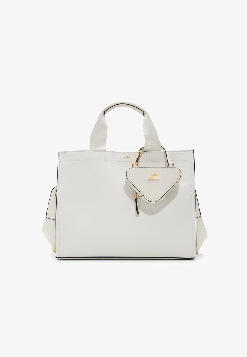 Borsa a mano bianca strutturata con rifiniture nere, dotata di manici corti e una pochette triangolare rimovibile con hardware dorato e zip.