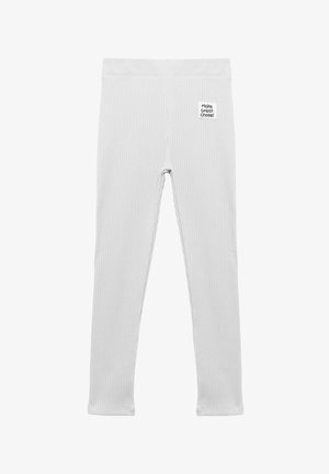 Lichtgrijze geribde leggings met een elastische tailleband en een klein label met de tekst "Maak Geweldige Keuze!" op het heupgebied. Rekbare stof.