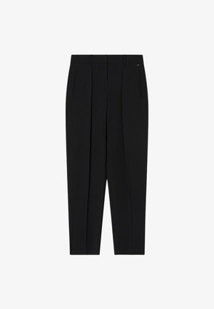 Zwarte broeken met een tailored ontwerp, voorzien van plooien, zijzakken en een nette afwerking. Gemaakt van een gladde, gestructureerde stof.