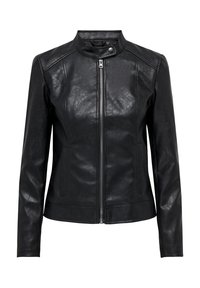 Giubbotto in pelle nera con colletto alto, zip frontale e due tasche laterali. Presenta una texture liscia e un design aderente.