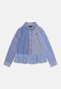 Skjorta med långa ärmar i blå och vit randig mönster, rynkad framknäppning, krage och en utställd nederkant. Tillverkad av lättviktsmaterial.