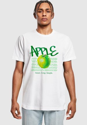White cotton T-shirt featuring a green apple graphic and bold text "APPLE" in green, with the phrases "Sweet. Crisp. Simple." printed below.
