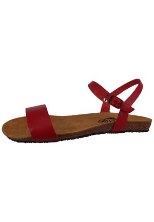 Red leather sandal with a wide front strap, ankle strap, and adjustable buckle. Cork insole and textured rubber outsole.
