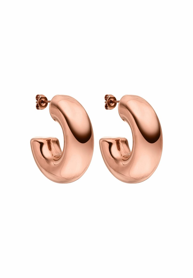 Roze gouden oorringen met een glad, gebogen ontwerp. Gepolijste textuur en een veilige post-sluiting. Opmerkelijk vanwege hun gedurfde vorm.