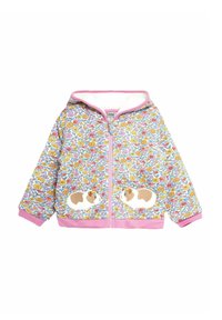 Sako s kvetinovým vzorom so zipsom vpredu, ružovými akcentmi a dvoma vreckami s motívom morčiat. Mäkka tkanina a voľný strih.