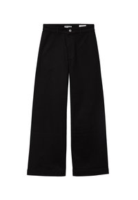 Levelegged svarta denimbyxor med rak passform, med knappstängning fram, bälteshällor och en slät yta.