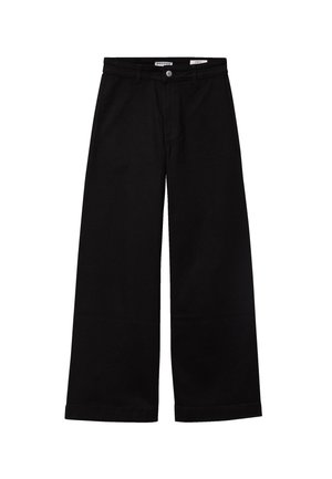 Schwarze Wide-Leg-Jeans mit geradem Schnitt, ausgestattet mit einem vorderen Knopfverschluss, Gürtelschlaufen und einer glatten Textur.
