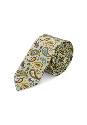 Rullet lysegrønt slips med et farverigt paisley-mønster i blå, gul, orange og brune nuancer på en hvid baggrund.