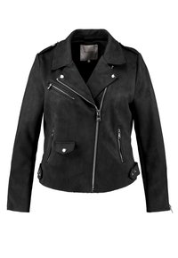 Giacca da biker in suede nera con design aderente, zip frontale asimmetrica, accessori in argento e molteplici tasche con zip. Finitura testurizzata.