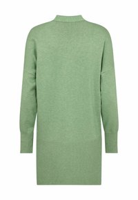 Ljust grön lång tröja med hög krage, ribbade ärmslut och fåll, har en avslappnad passform och mjuk textur, enfärgad utan mönster.