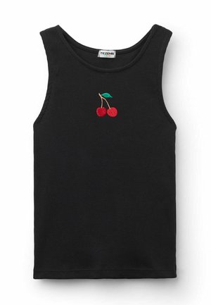 Schwarzes, ärmelloses, geripptes Tanktop mit einem roten und grünen gestickten Kirschdesign auf der Vorderseite. Aus weichem Stoff gefertigt.