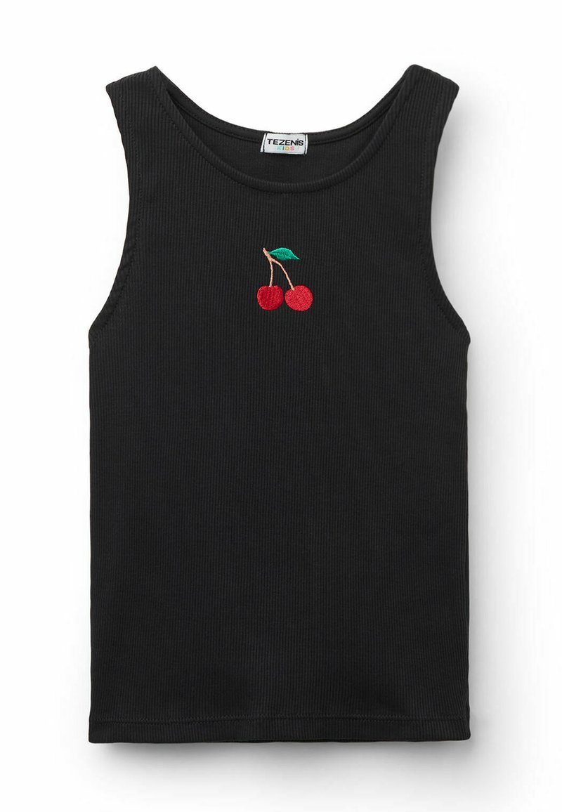 Černé bezrukávové žebrované tílko s vyšitým designem třešní v červené a zelené barvě na přední straně. Vyrobeno z měkkého materiálu.
