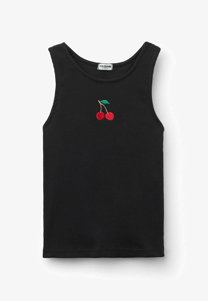 Czarny, bezrękawnik o prążkowanej fakturze z haftowanym wzorem czerwonej i zielonej wiśni z przodu. Wykonany z miękkiego materiału.