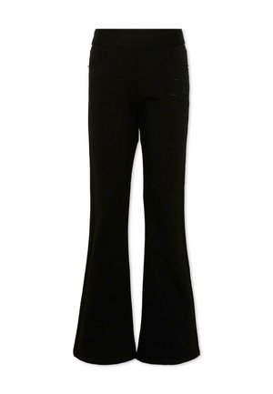 Pantaloni neri a vita alta con taglio svasato, con una fascia larga in vita e un dettaglio ricamato sottile sull'anca destra.