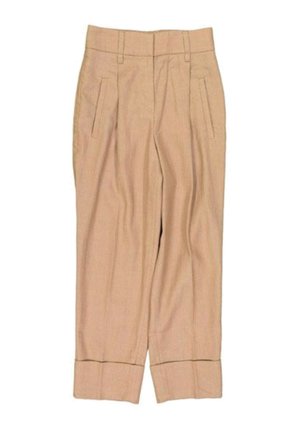 Pantalon beige taille haute à jambes droites avec poches avant et ourlets retroussés, en tissu léger.