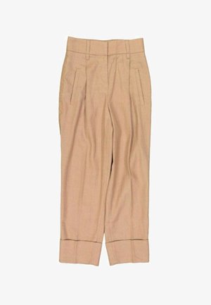 Pantalon beige taille haute à jambes droites avec poches avant et ourlets retroussés, en tissu léger.
