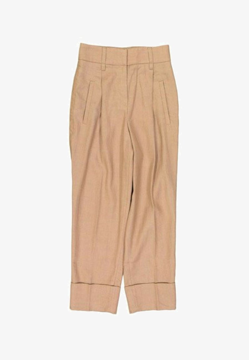 Pantalon beige taille haute à jambes droites avec poches avant et ourlets retroussés, en tissu léger.
