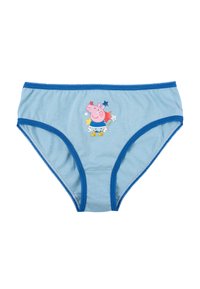 Helleblaues Baumwollunterwäsche mit blauer Einfassung und Picotkante. Auf der Vorderseite befindet sich ein bedrucktes Charakterdesign in lebhaften Farben.