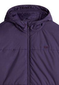 Purple Vans puffer jacket with hood, front zipper, and stitched logo on the left chest.