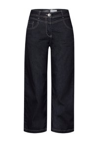 Mörk denim vida byxor med hög midja, med framfickor och kontrasterande sömmar. Knäppning i midjan.